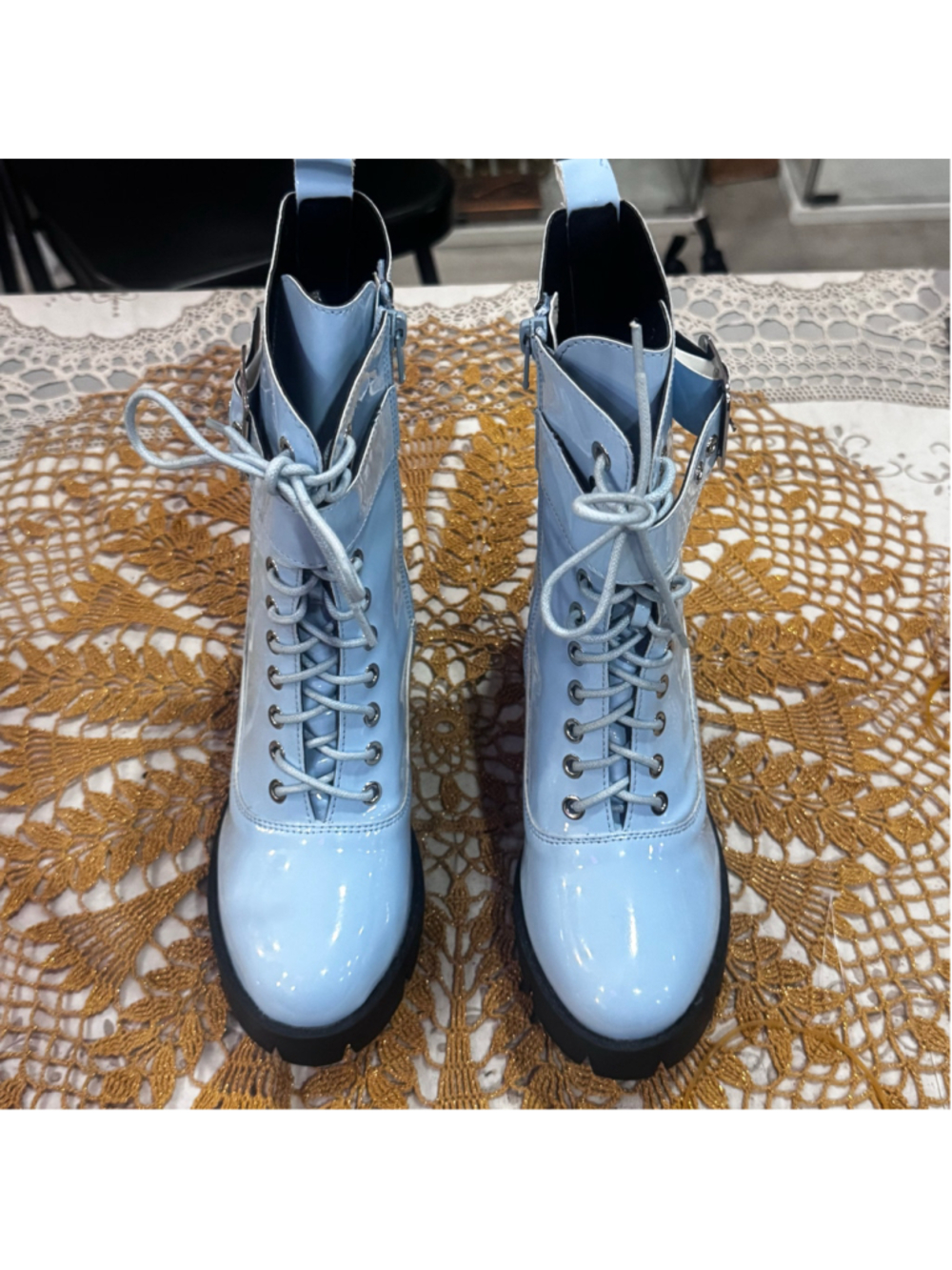 Women's Patent Blue Lace-Up Ankle Booties Size 7